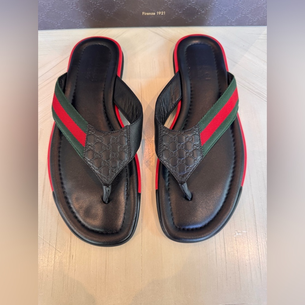 Gucci GG Microguccissima Web Leather Thong Sandals Men’s 9 Black Made in Italy - Picture 2 of 14
